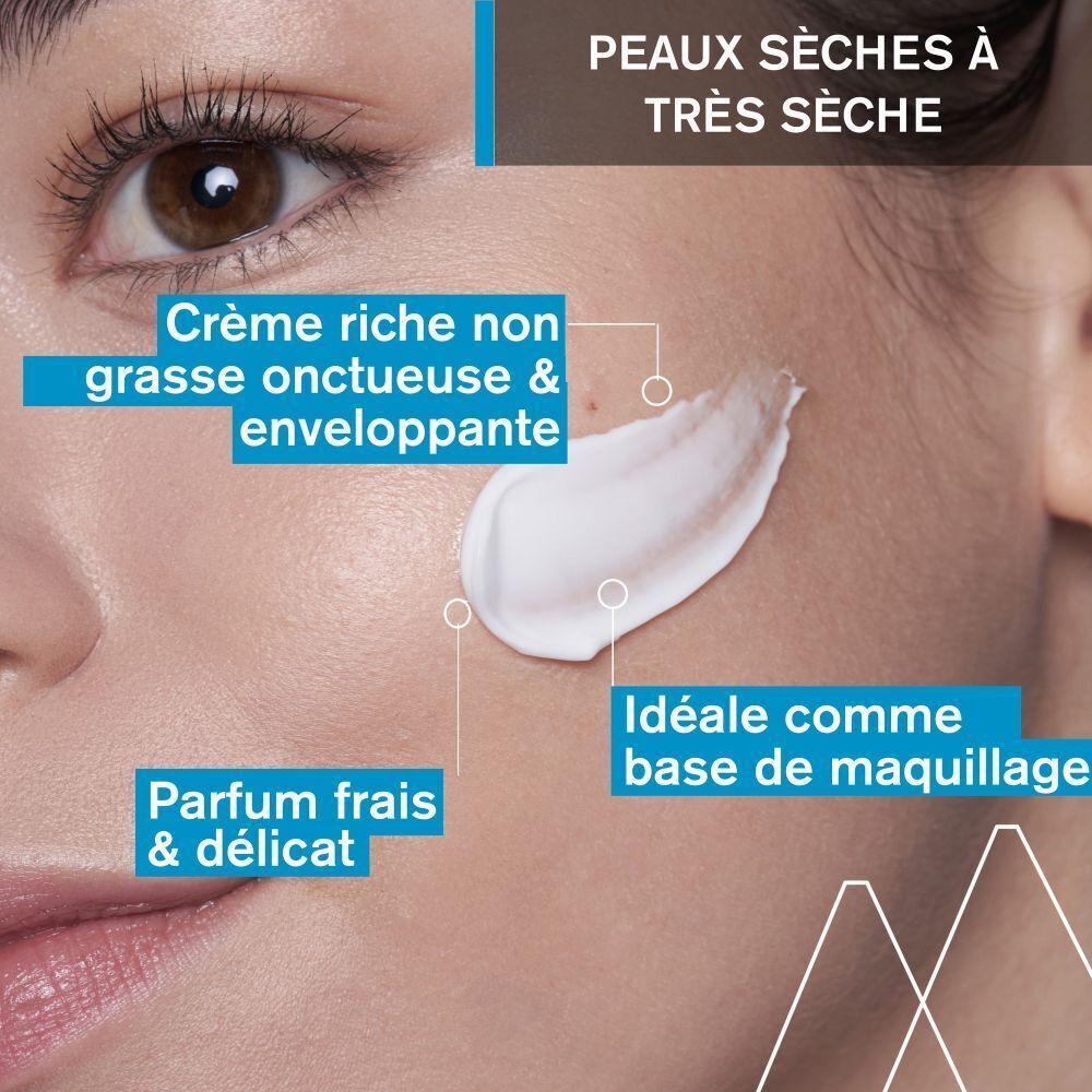 Gros plan d'un visage avec de la crème. Texte: Crème riche non grasse & enveloppante. Parfum frais & délicat.
