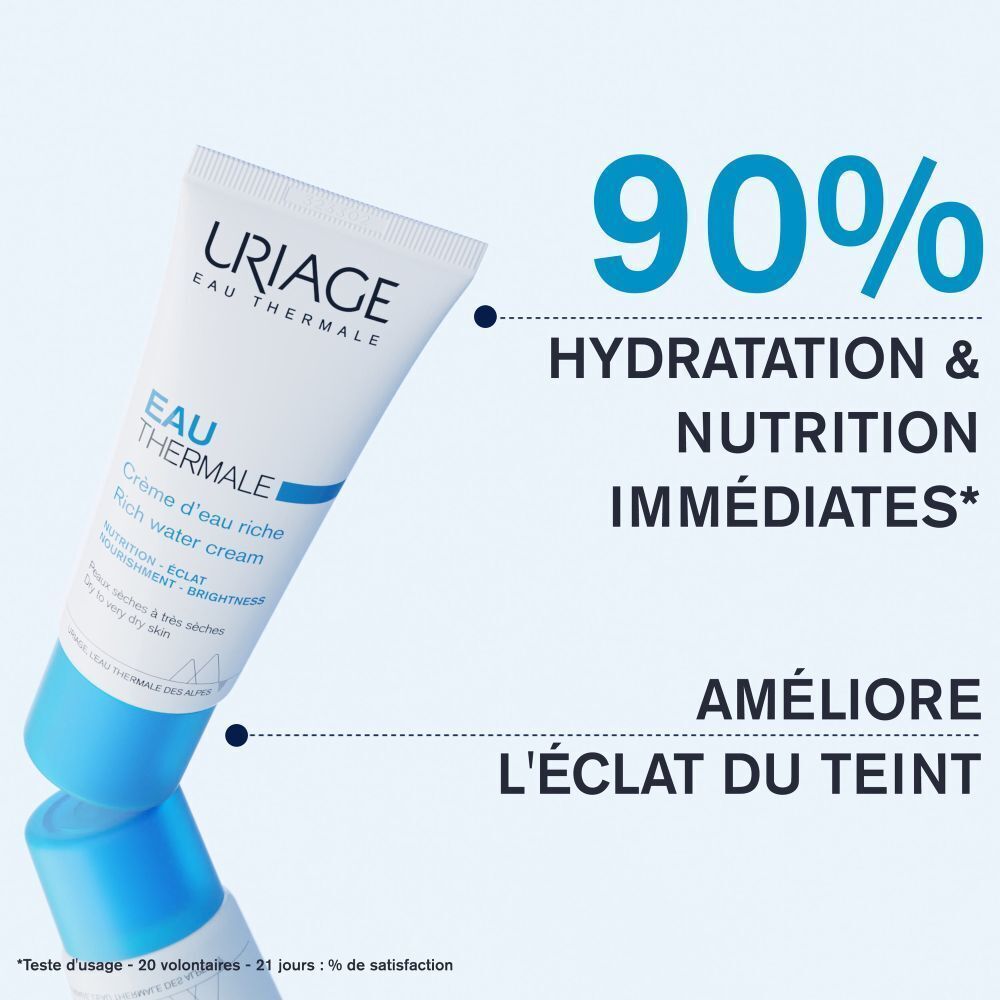 Un tube de crème avec du texte et un diagramme. Texte: 90% Hydratation & Nutrition immédiates. Améliore l'éclat du teint.