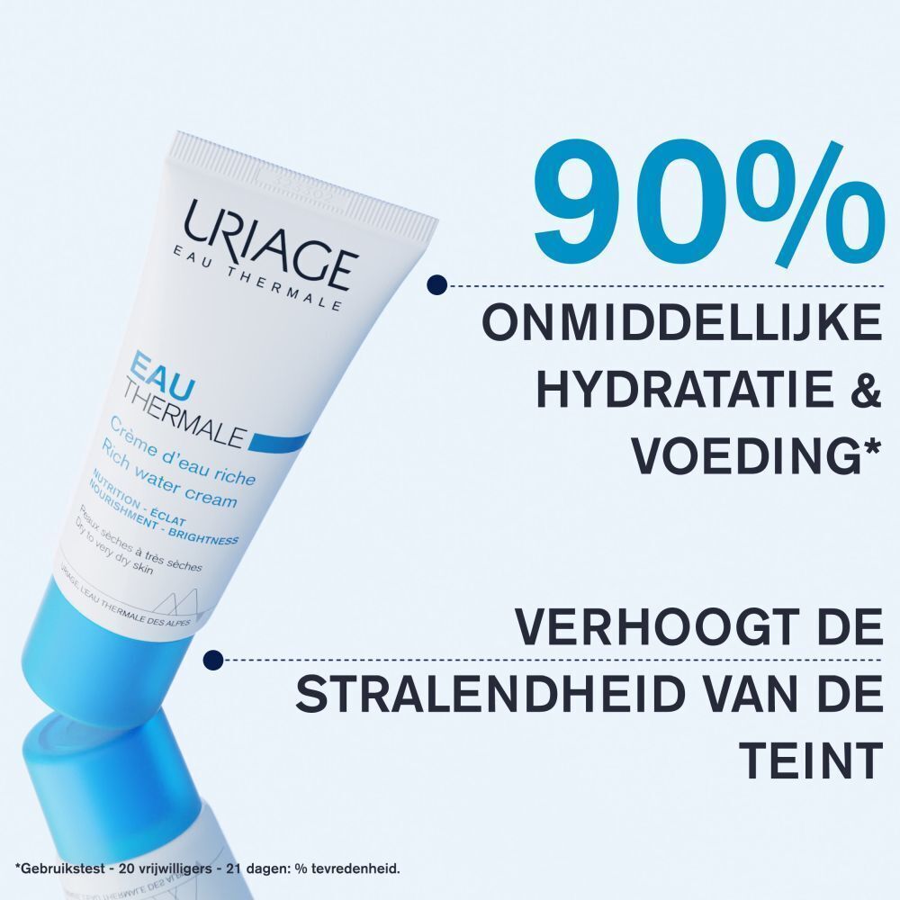 Diagram met ingrediënten. Tekst: Hyaluronzuur, Shea Boter, H2O Complex + Aquaxyl, Uriage Thermal Water.