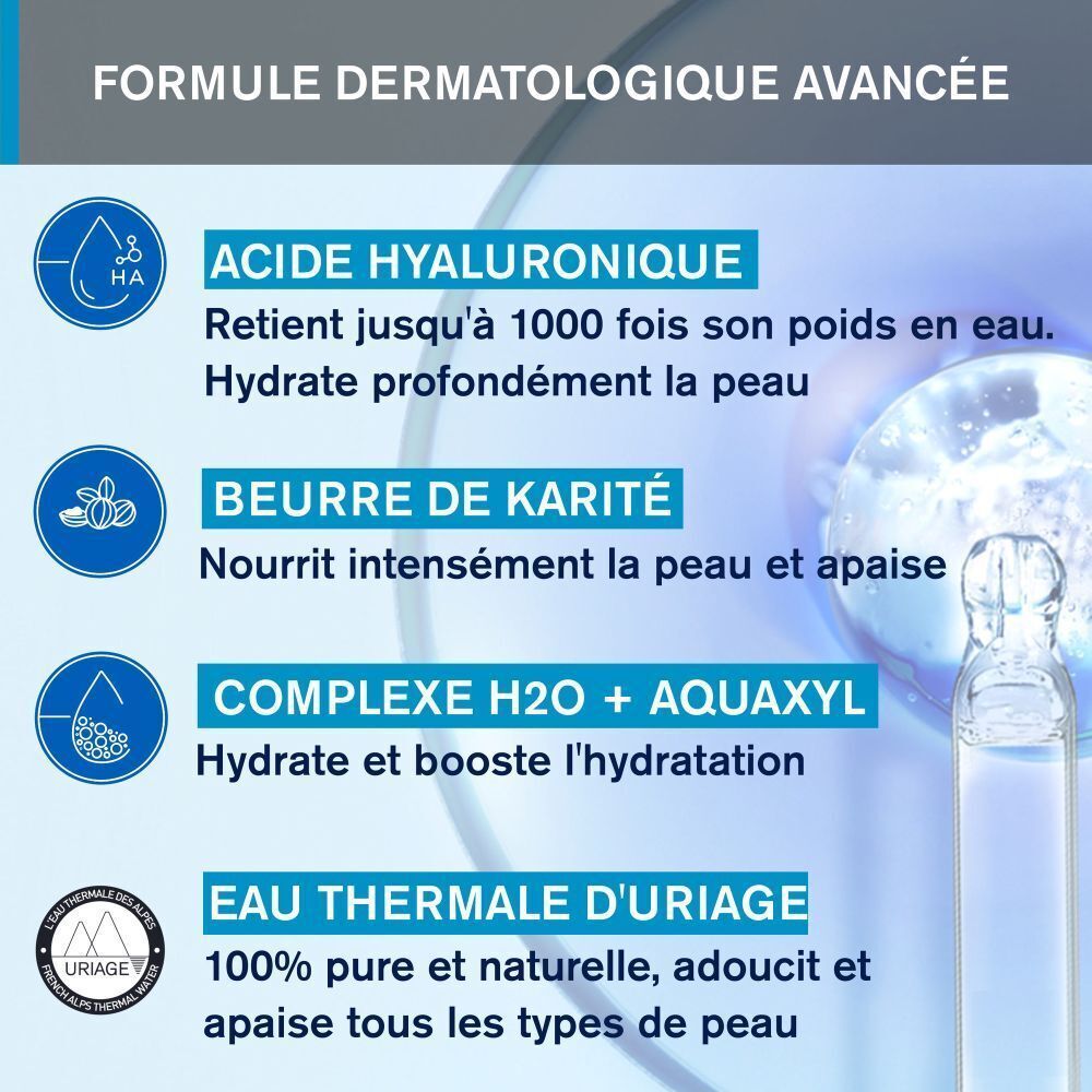 Diagramme avec ingrédients. Texte: Acide Hyaluronique, Beurre de Karité, Complexe H2O + Aquaxyl, Eau Thermale d'Uriage.