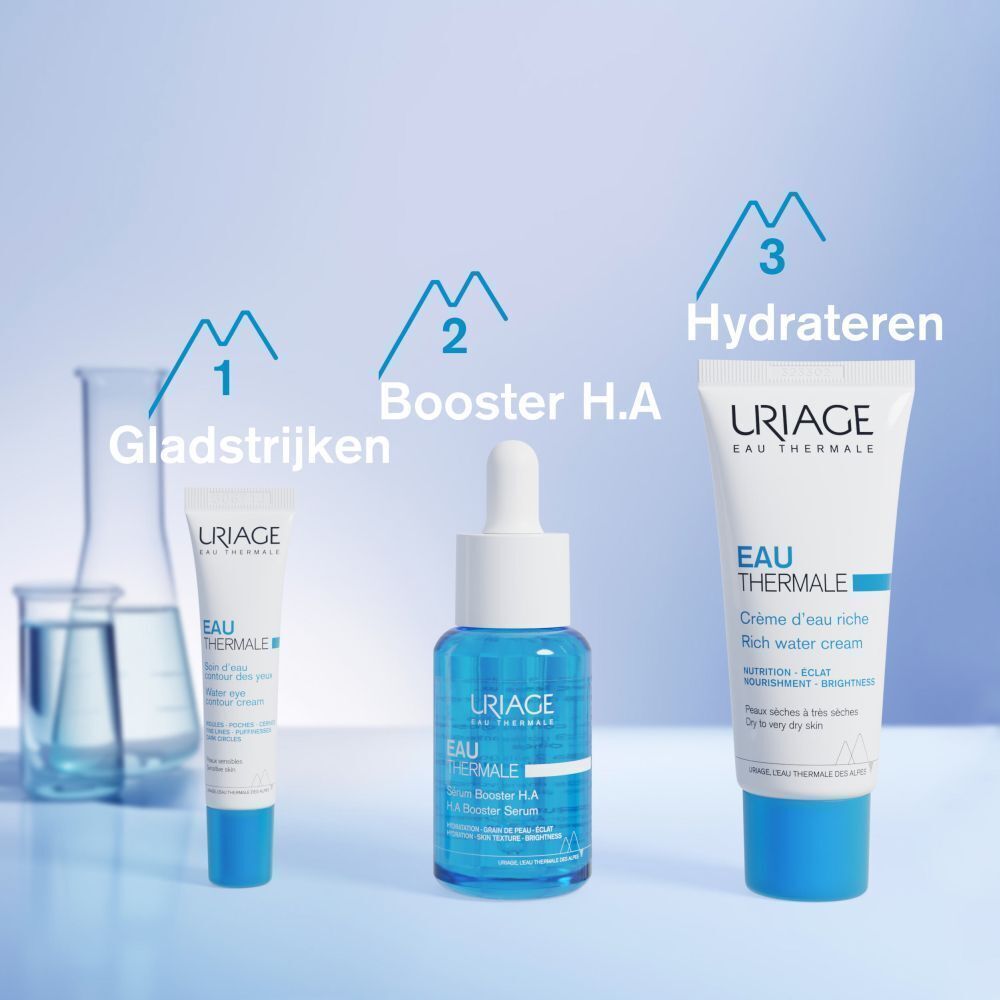 Een crèmetube en een doosje. Tekst: Eau Thermale Crème d'eau riche. 40ml.
