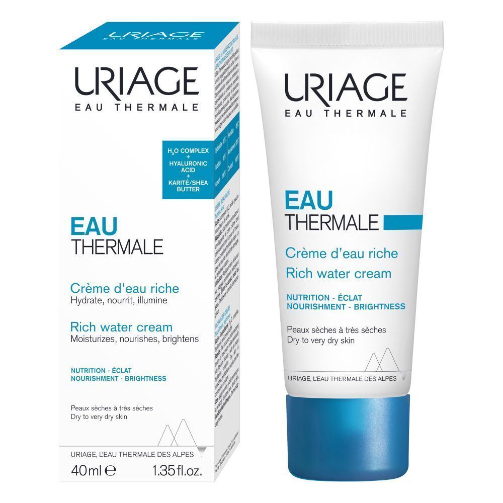 Een crèmetube. Opschrift: Uriage Eau Thermale. Tekst: Crème d'eau riche. 40ml.