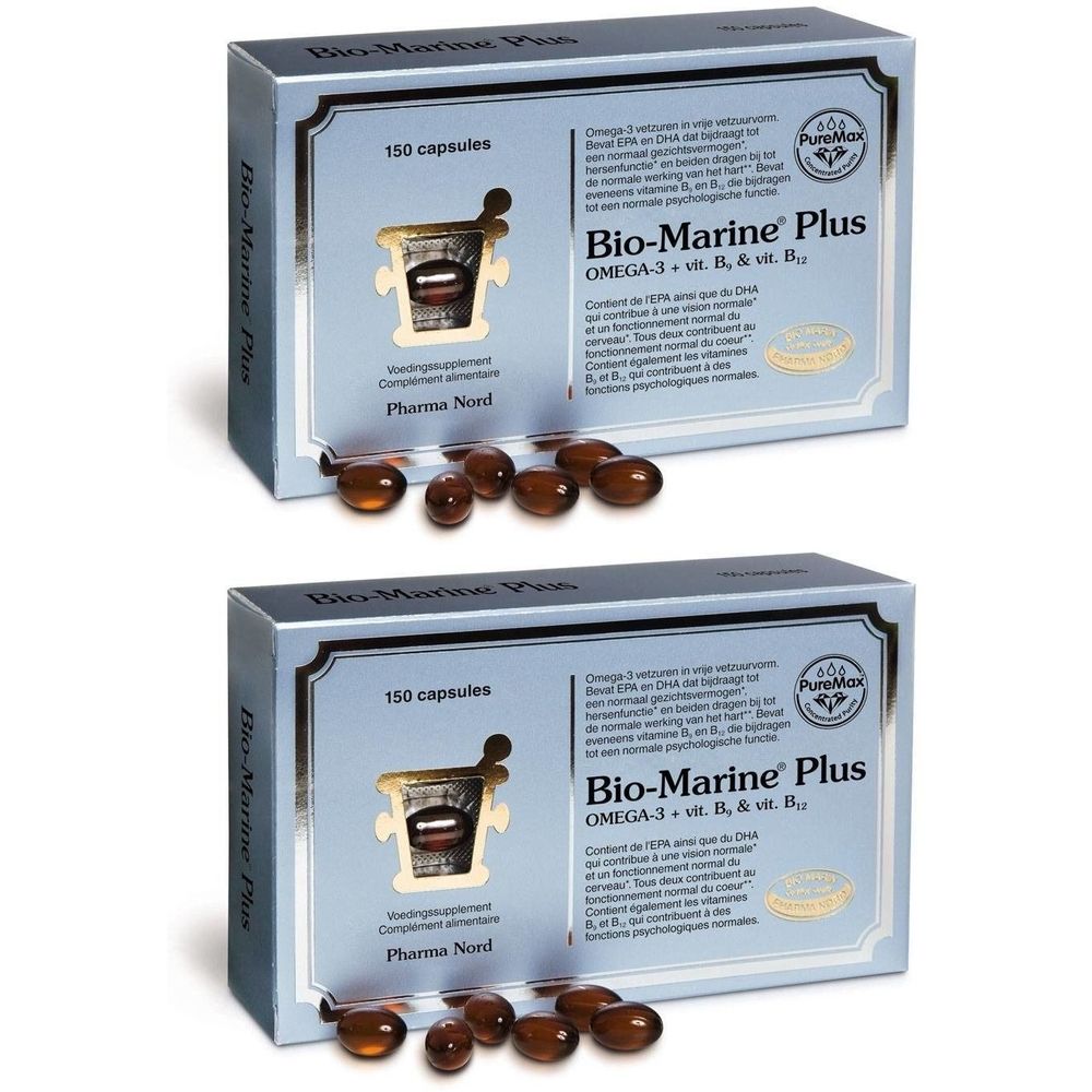 Twee dozen met capsules. Opschrift: Bio-Marine Plus, 150 capsules. Pharma Nord. Enkele capsules ernaast.
