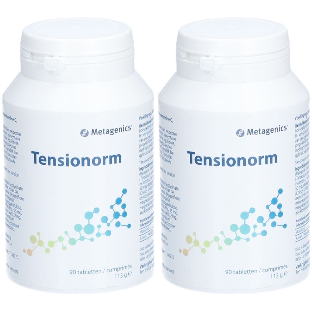 Twee witte flessen met "Tensionorm" label. Merk "Metagenics". Elke fles bevat 90 tabletten. Blauwe en groene grafische elementen.