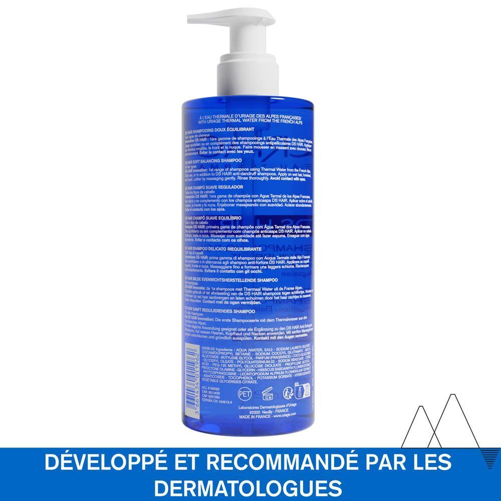 Dos du flacon Uriage DS Hair Shampooing Doux Équilibrant. Texte: Développé et recommandé par les dermatologues.