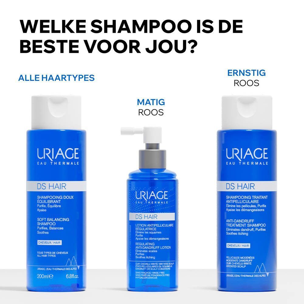Achterkant van de Uriage DS Hair Shampooing Doux Équilibrant fles. Tekst: Développé et recommandé par les dermatologues.