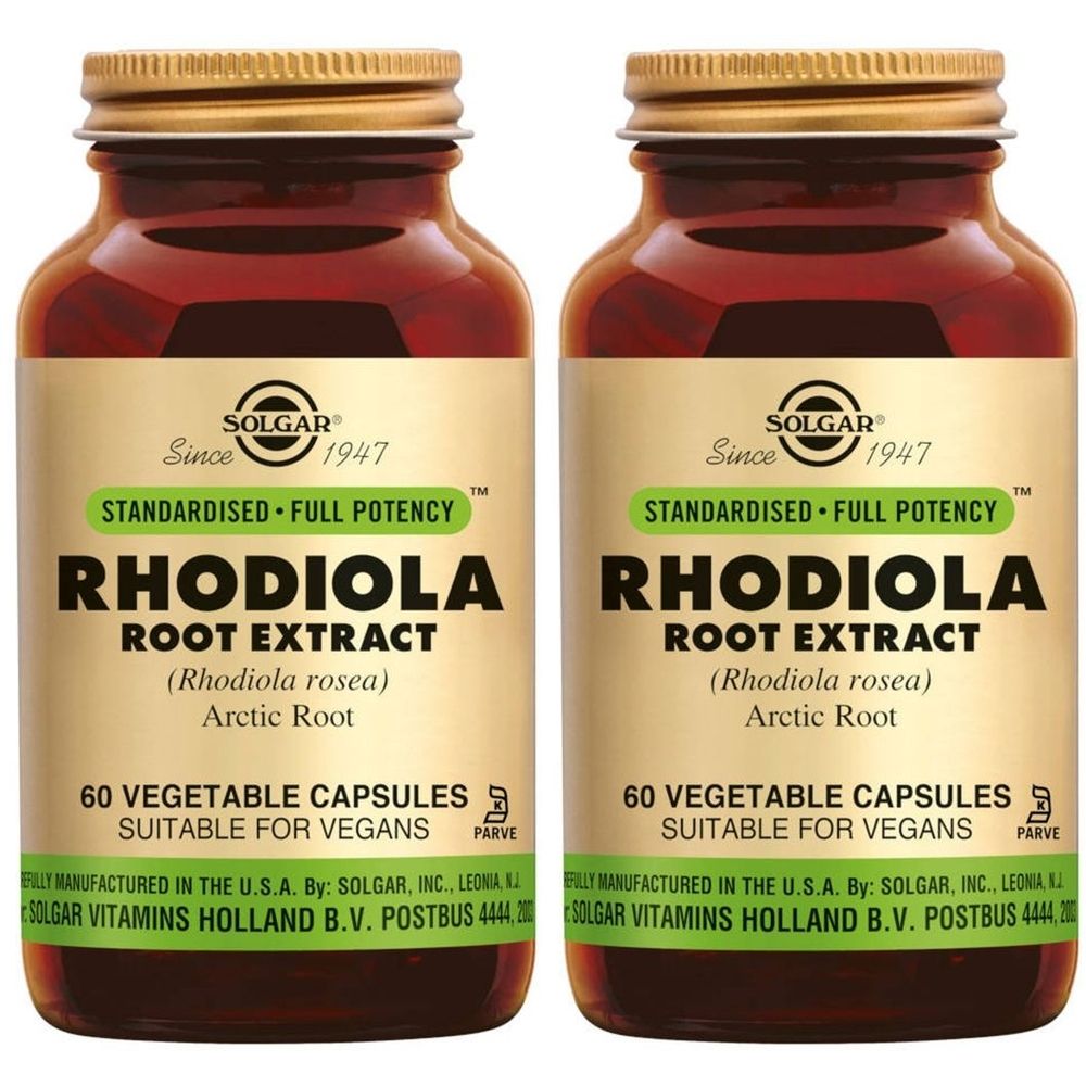 Twee bruine flessen met gouden doppen. Labels met "RHODIOLA ROOT EXTRACT" en "SOLGAR". Bevat 60 capsules.