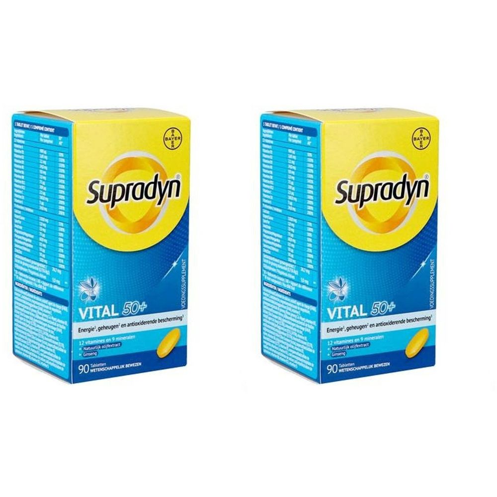 Twee verpakkingen Supradyn Vital 50+. Blauwe en gele verpakking met productinformatie en logo. Bevat 90 tabletten.