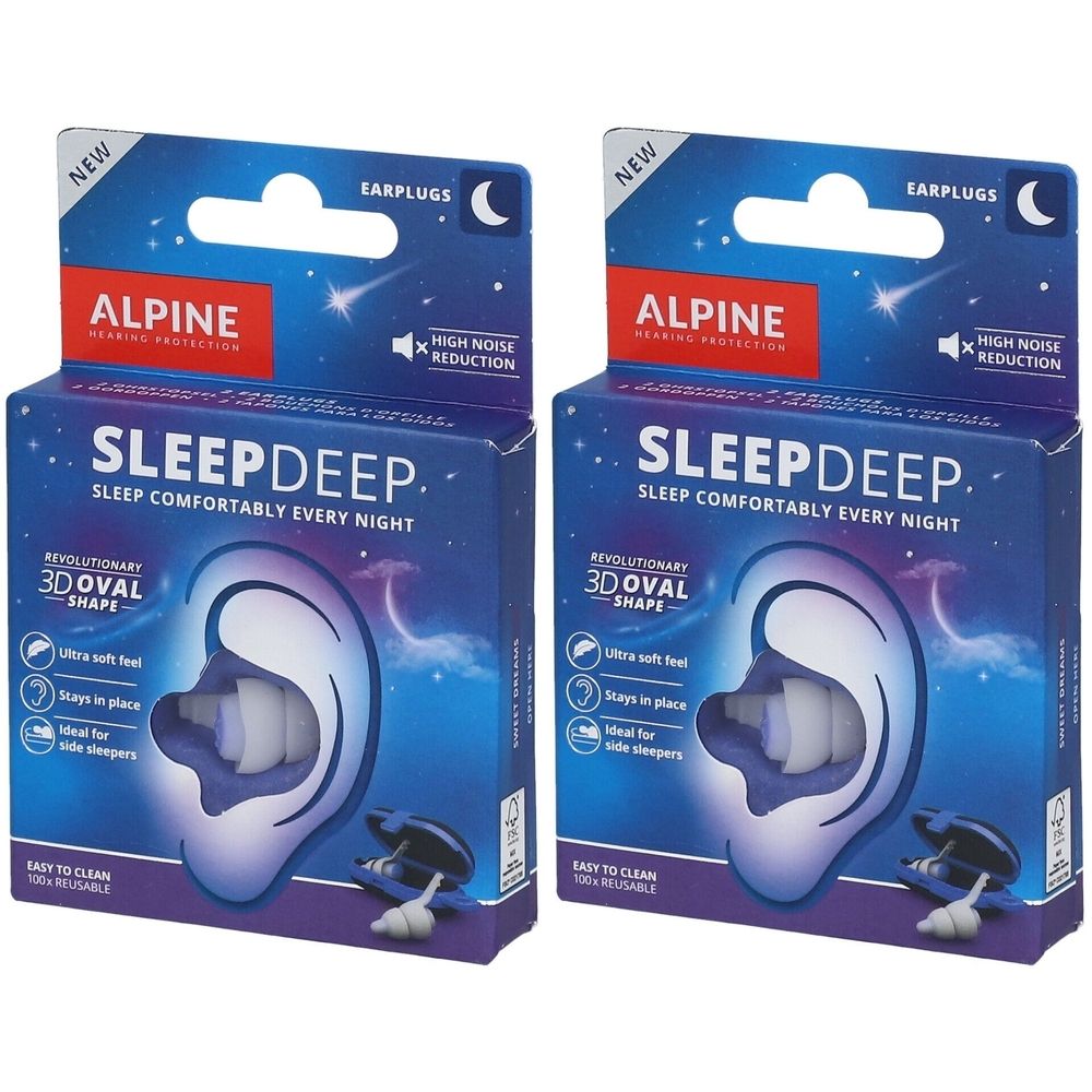 Twee verpakkingen oordopjes. Blauwe verpakking met productnaam en logo. 'High Noise Reduction' en 'SleepDeep' tekst zichtbaar.