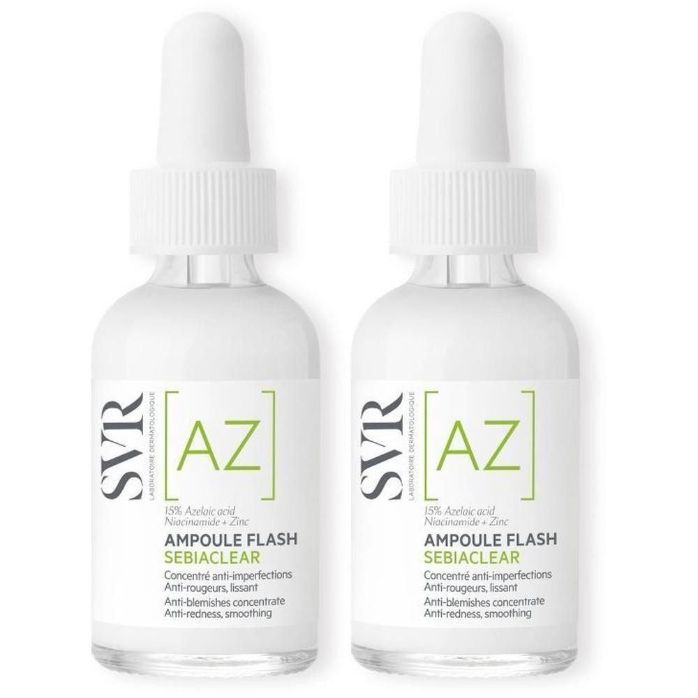 Deux flacons SVR [AZ] Sebiaclear Ampoule Flash. Flacons blancs avec applicateur pipette. Étiquette avec texte vert.