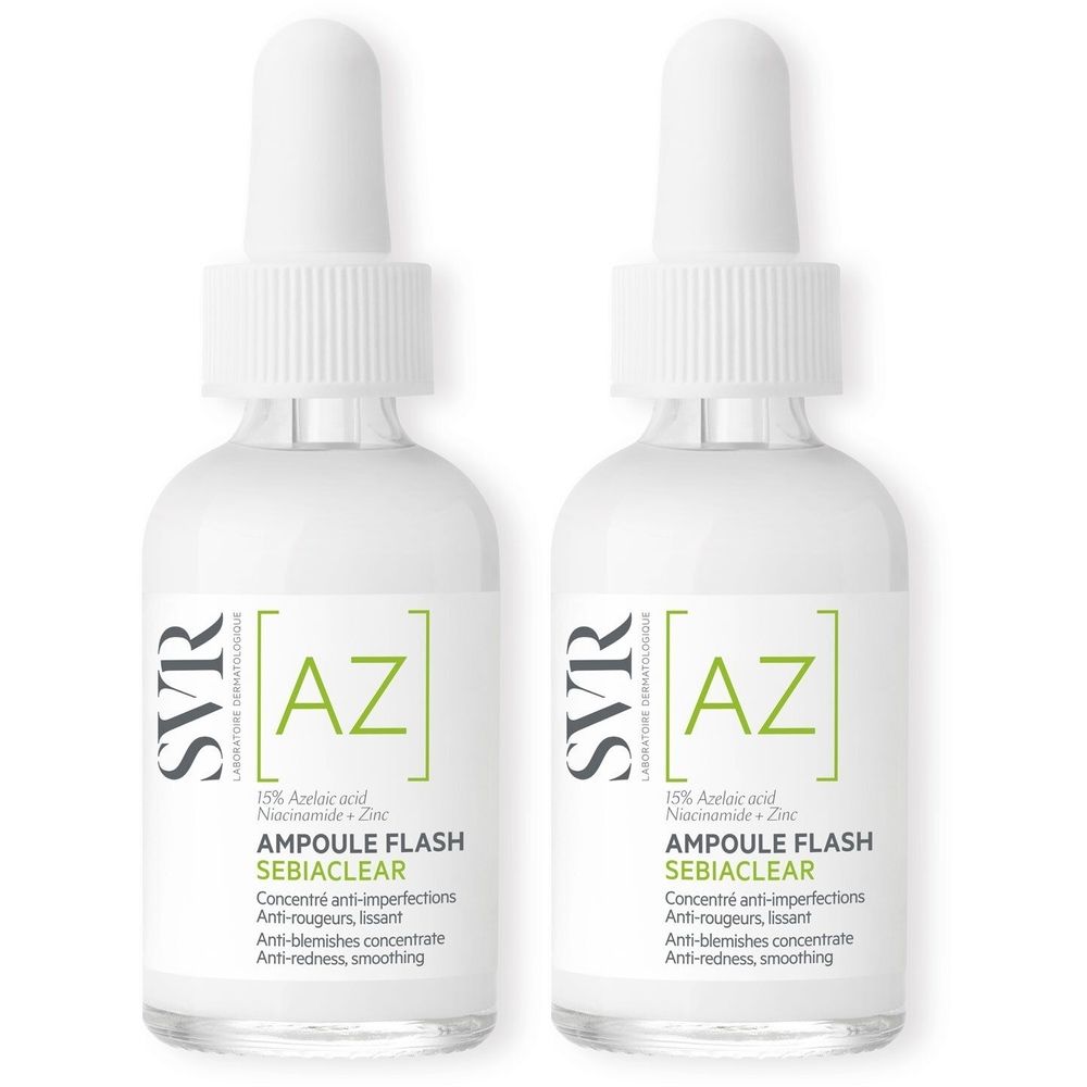 Twee flessen SVR [AZ] Sebiaclear Ampulle Flash. Witte flessen met pipet. Etiket met groene tekst.