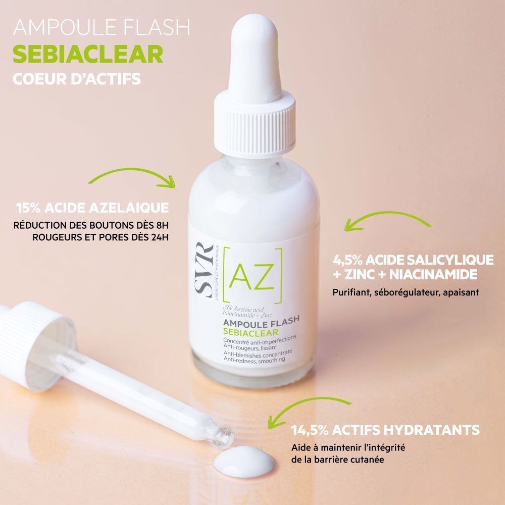 Flesje SVR [AZ] Sebiaclear Ampulle Flash met informatie. Pipet ernaast. Tekst met ingrediënten en effecten.