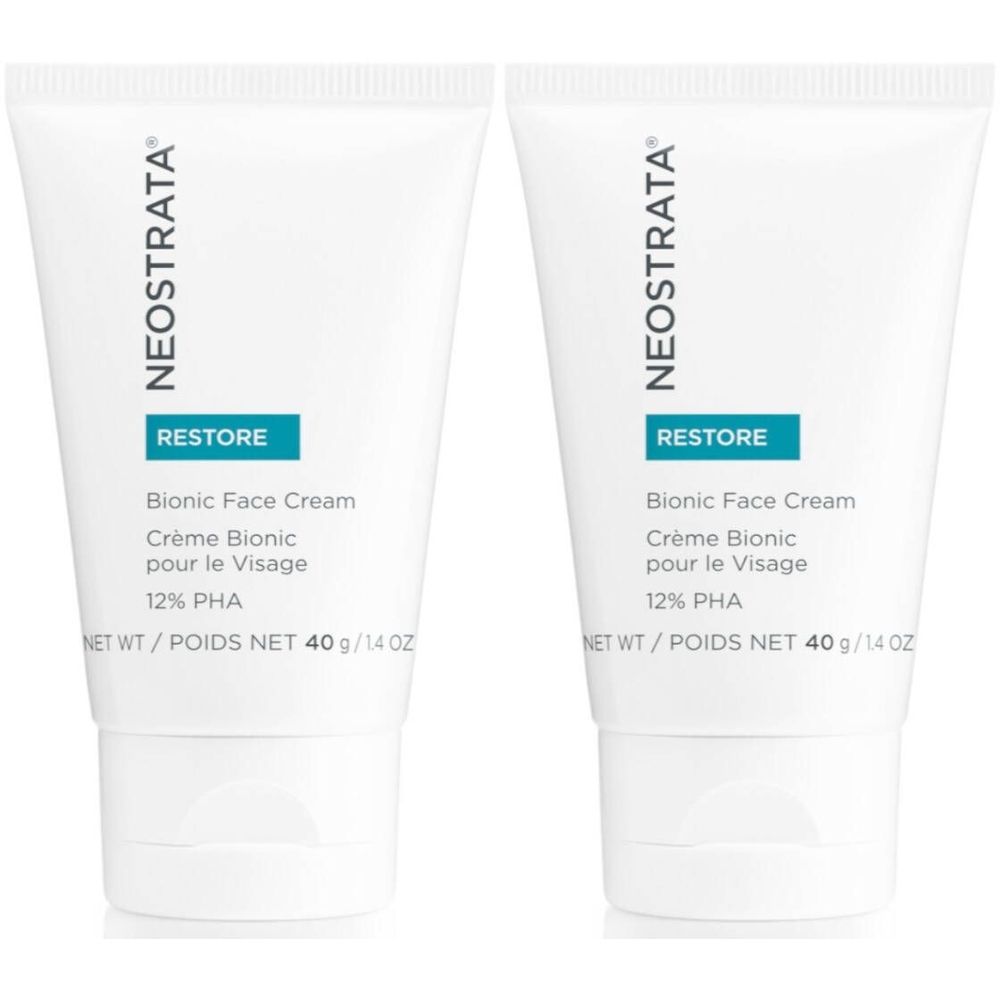 Twee witte tubes met blauwe tekst. Opschrift: NEOSTRATA, RESTORE, Bionic Face Cream, 12% PHA. Nettogewicht 40 g.