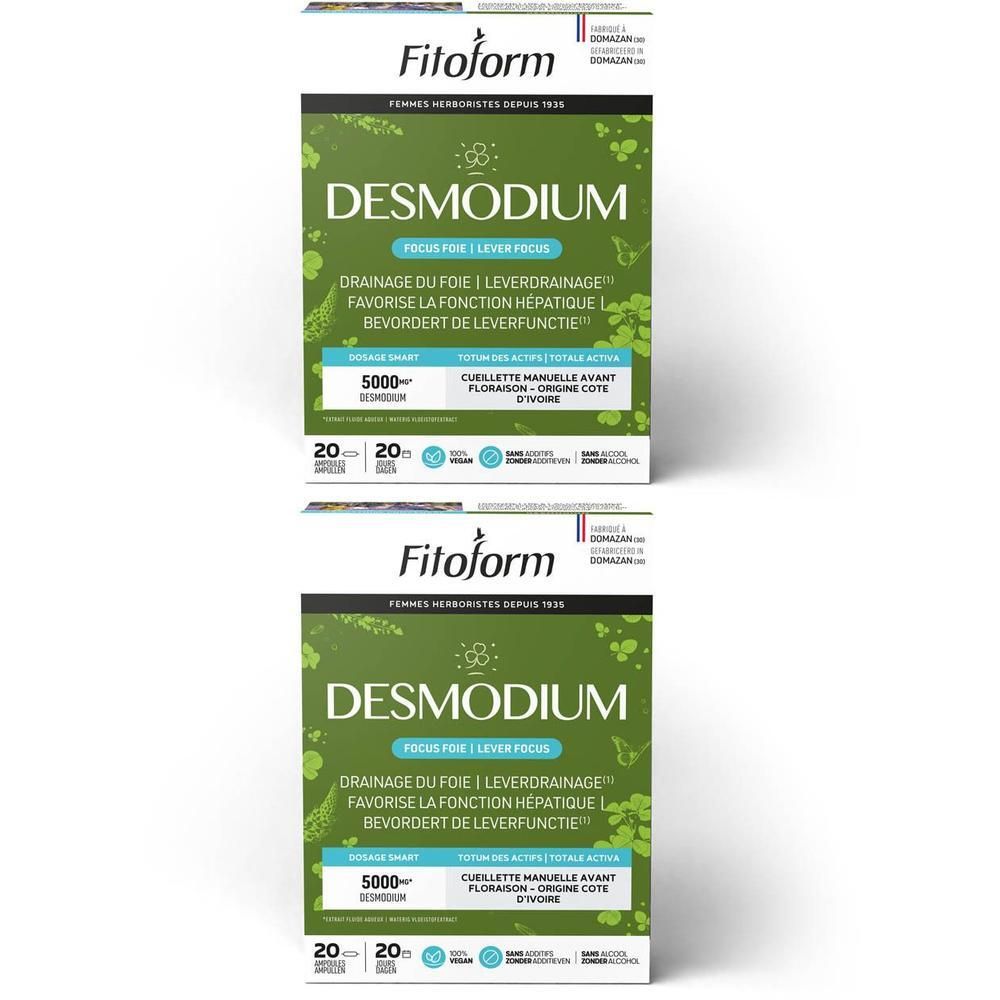 Twee Fitoform Desmodium verpakkingen, voorkant met groene bladeren en tekst.