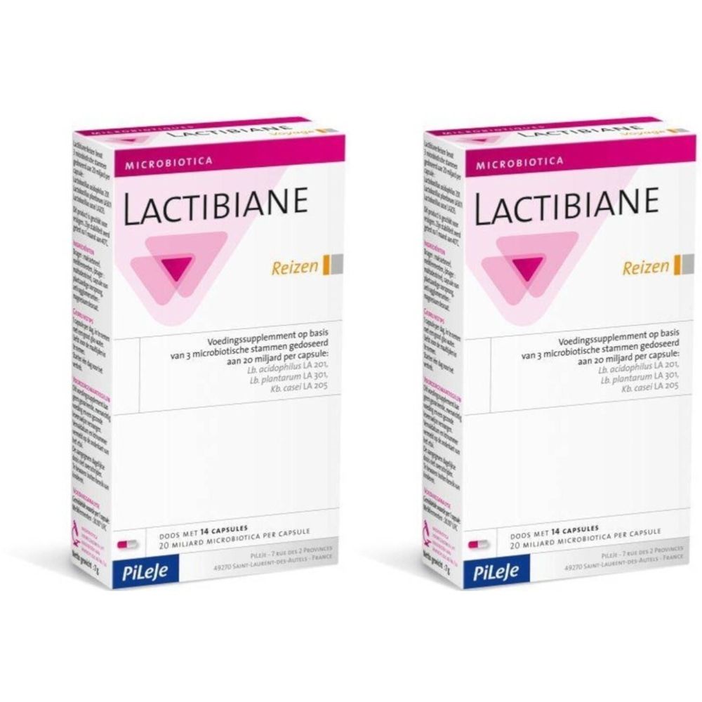 Deux boîtes rectangulaires Lactibiane. Emballage rose et blanc. Inscription : Reizen, Microbiotica.