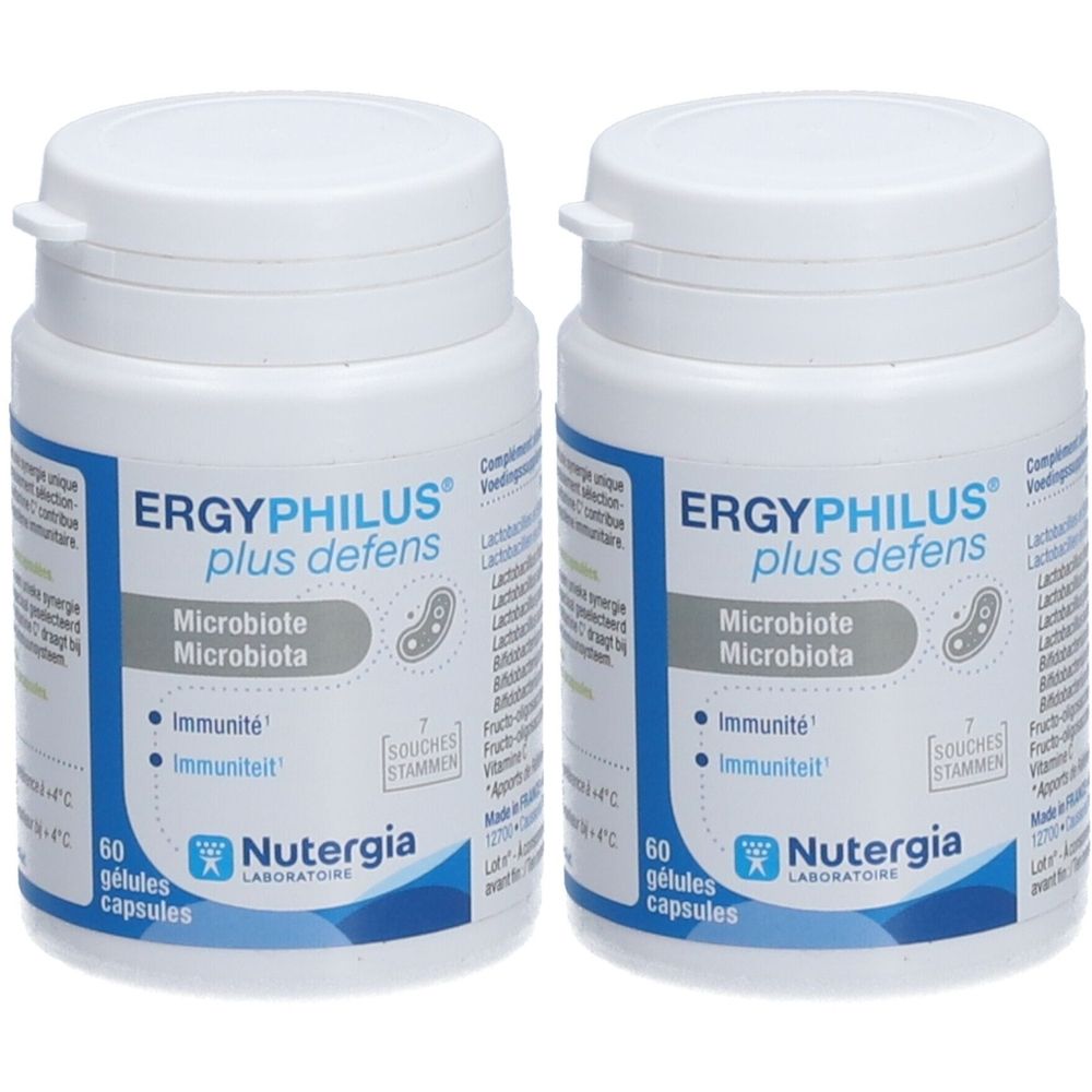 Twee witte flessen met blauwe tekst: ERGYPHILUS plus defens. Bevat 60 capsules. Merk: Nutergia.