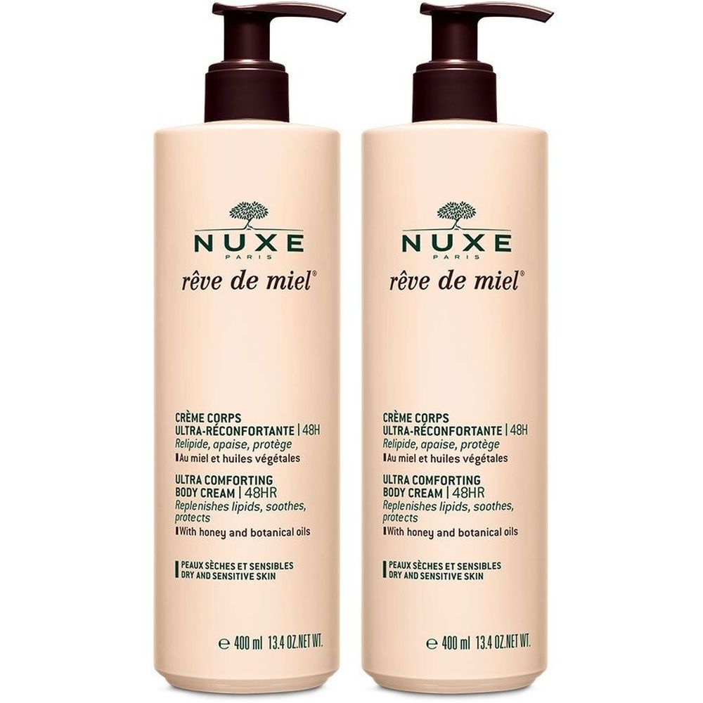 Deux flacons de NUXE Crème Corps Ultra-Réconfortante 48H Rêve de Miel. Flacons beiges avec pompes marron. Texte sur l'étiquette.