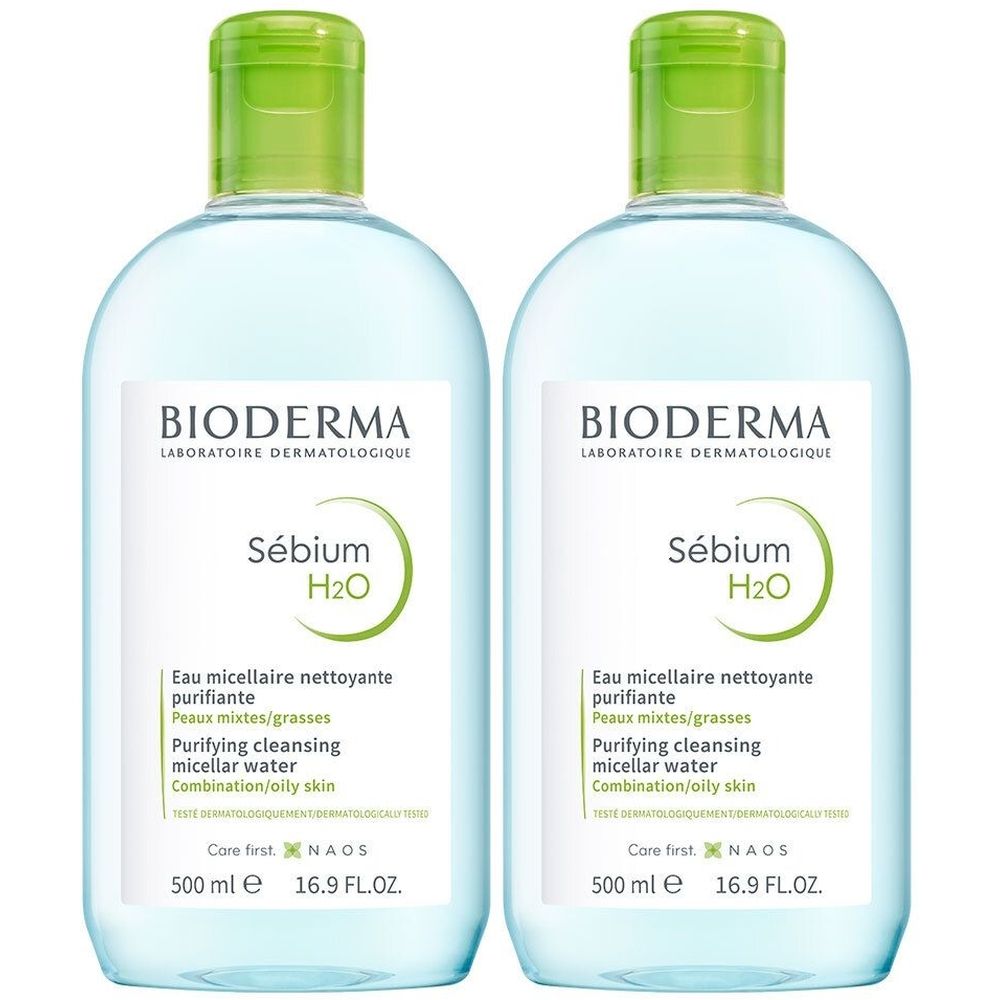 Deux flacons avec bouchons verts. Inscription: BIODERMA, Sébium H2O, Eau micellaire purifiante. 500 ml.