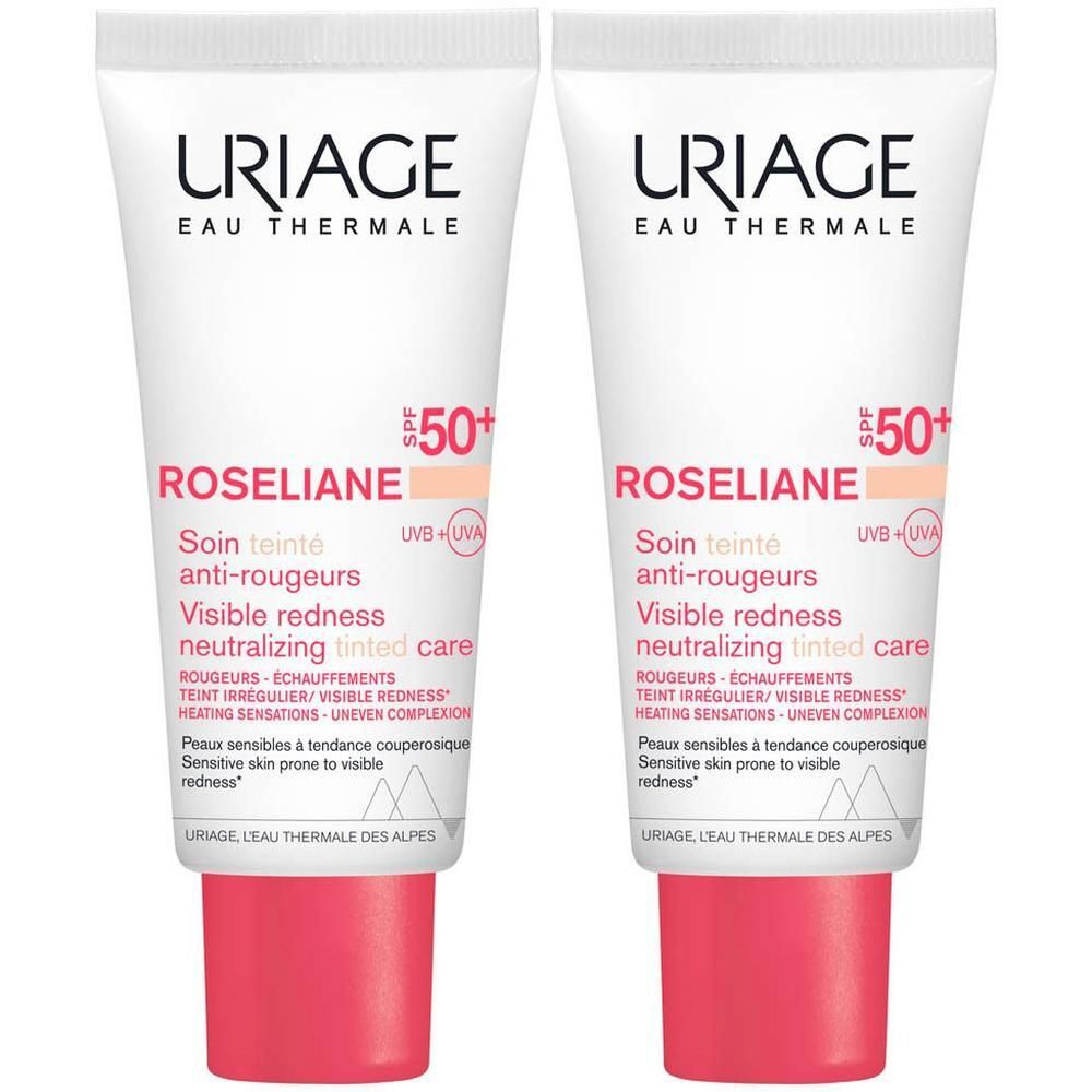 Twee tubes URIAGE Roséliane anti-roodheid getinte verzorging SPF 50+. Witte tubes met rode dop.