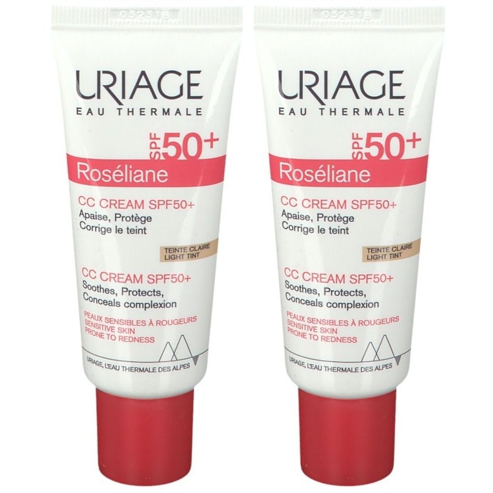 Deux tubes de URIAGE Roséliane CC Cream SPF 50+ Teinte Claire. Tubes blancs, bouchons rouges.