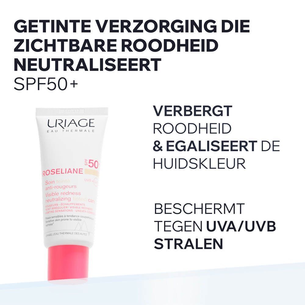 Twee tubes URIAGE Roséliane anti-roodheid getinte verzorging SPF 50+. Witte tubes met rode dop.