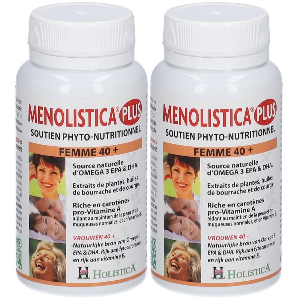 Deux flacons de Holistica Menolistica Plus, complément phyto-nutritionnel pour femmes 40+.