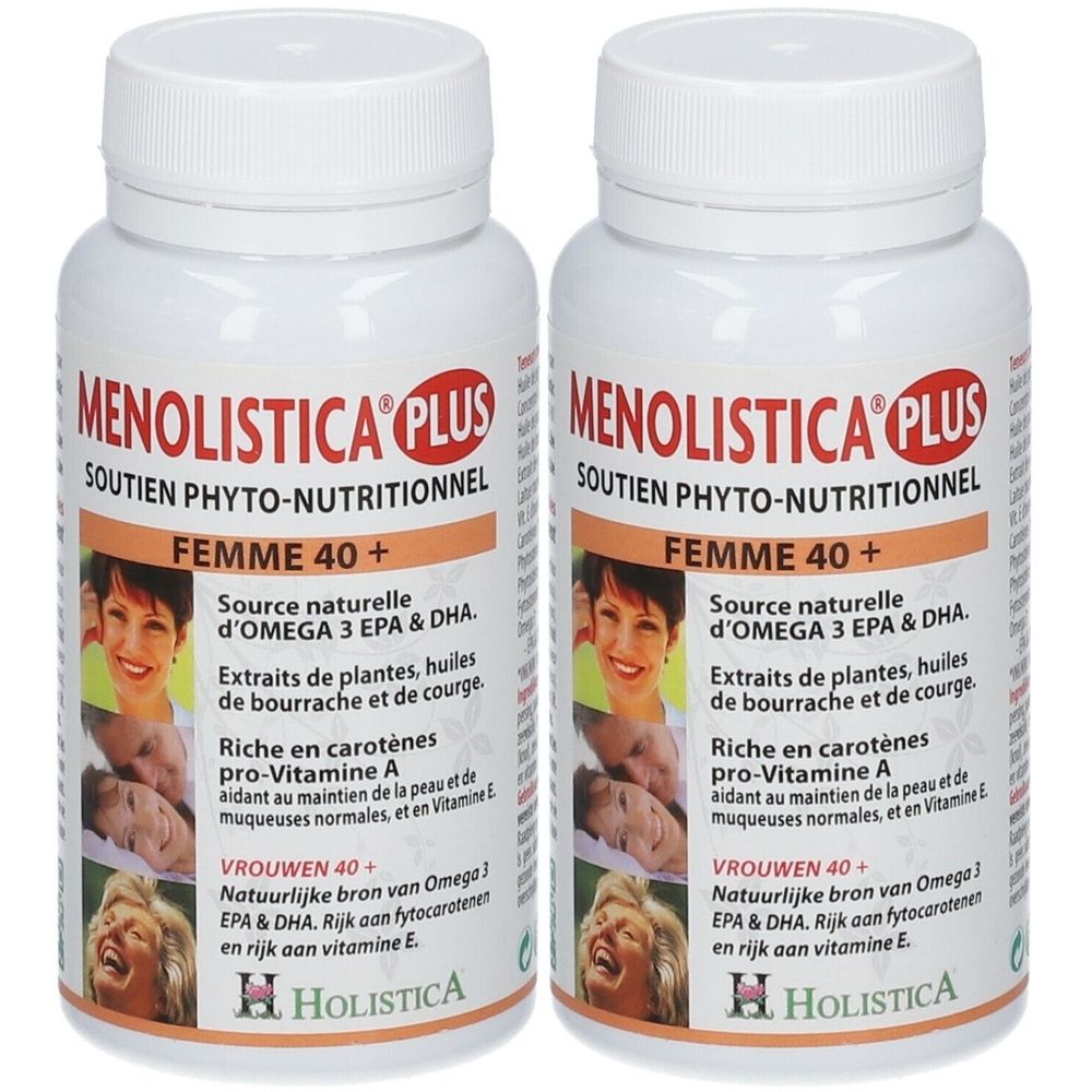 Deux flacons de Holistica Menolistica Plus, complément phyto-nutritionnel pour femmes 40+.