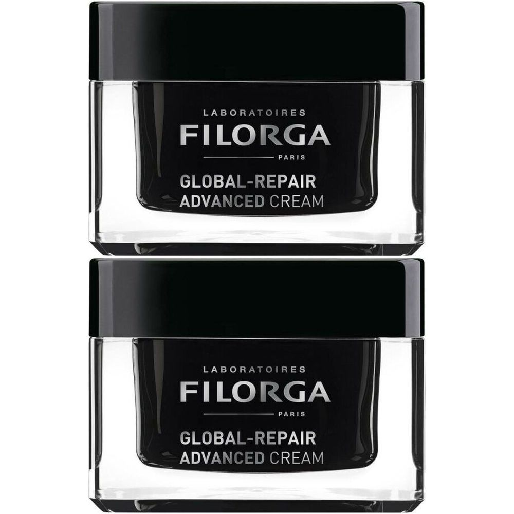 Twee potten FILORGA Global-Repair Advanced crème. Zwarte deksels, transparante potten. Opschrift: LABORATOIRES FILORGA PARIS.