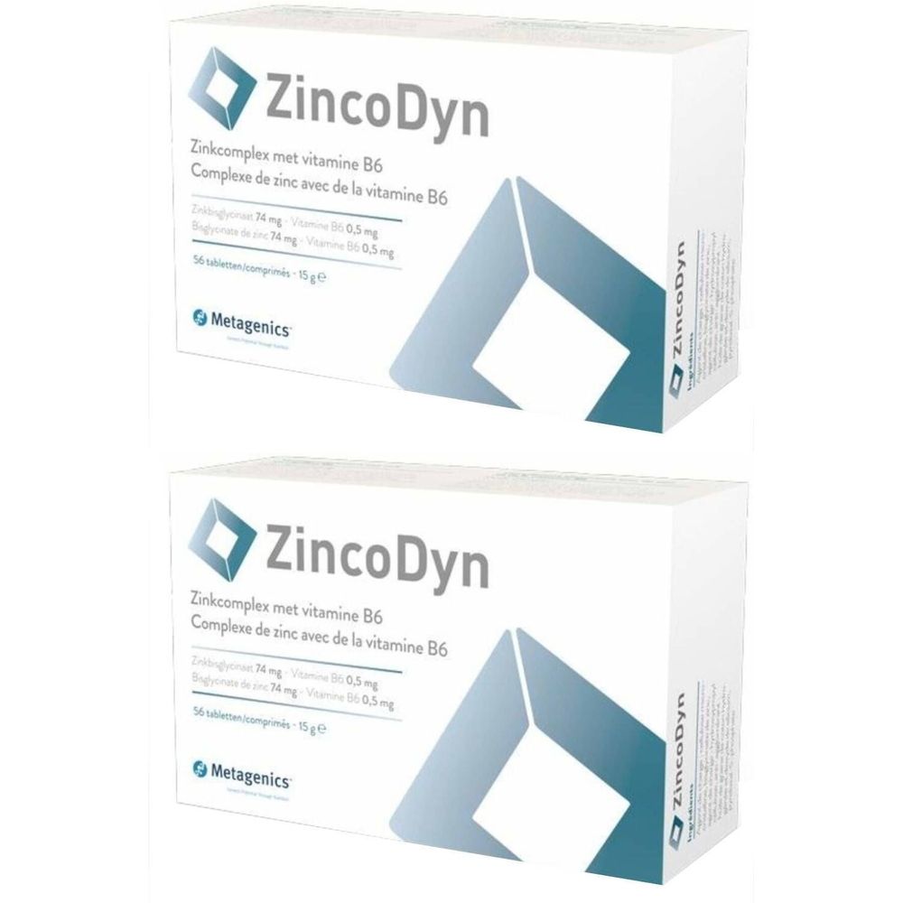 Twee witte dozen met de productnaam ZincoDyn. Opschrift: Zinkcomplex met vitamine B6. Logo van Metagenics. 50 tabletten.