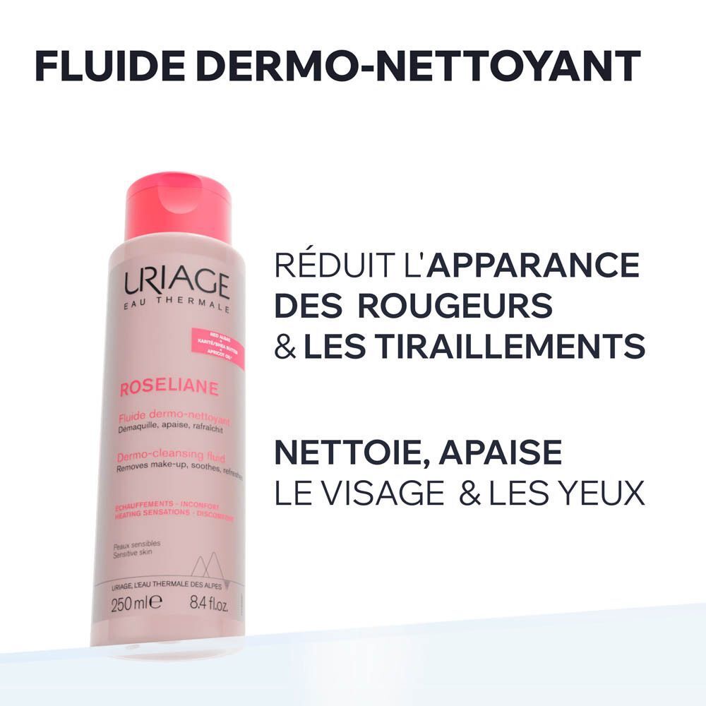 Flacon Uriage Roséliane. Liquide rose, bouchon rouge. Texte: Flui. Dermo-nettoyant.