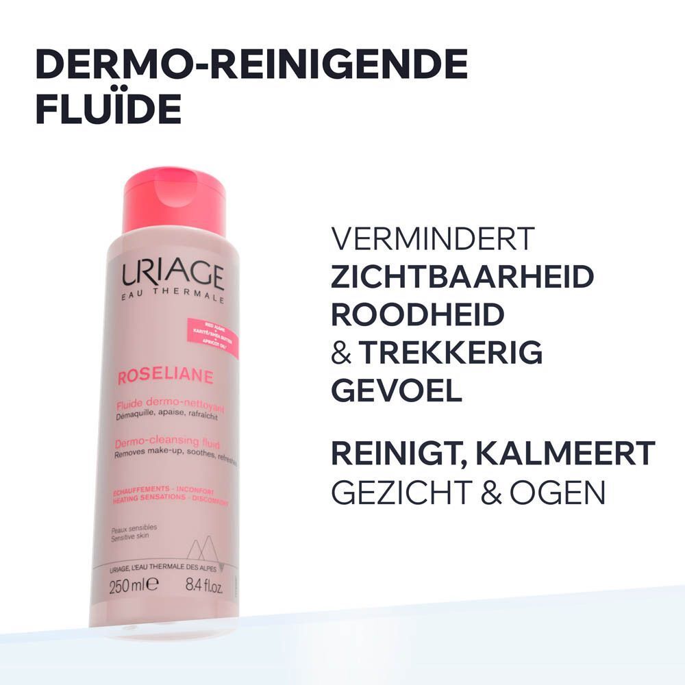 Fles Uriage Roséliane. Roze vloeistof, rode dop. Tekst: Dermo-reinigende fluïde.