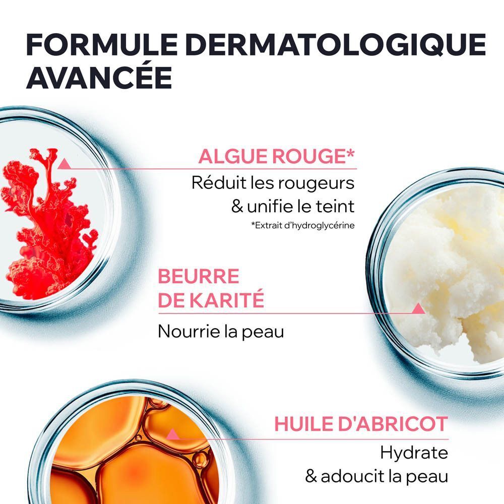 Gros plan sur les ingrédients: Algues rouges, beurre de karité, huile d'abricot. Texte: Formule dermatologique.