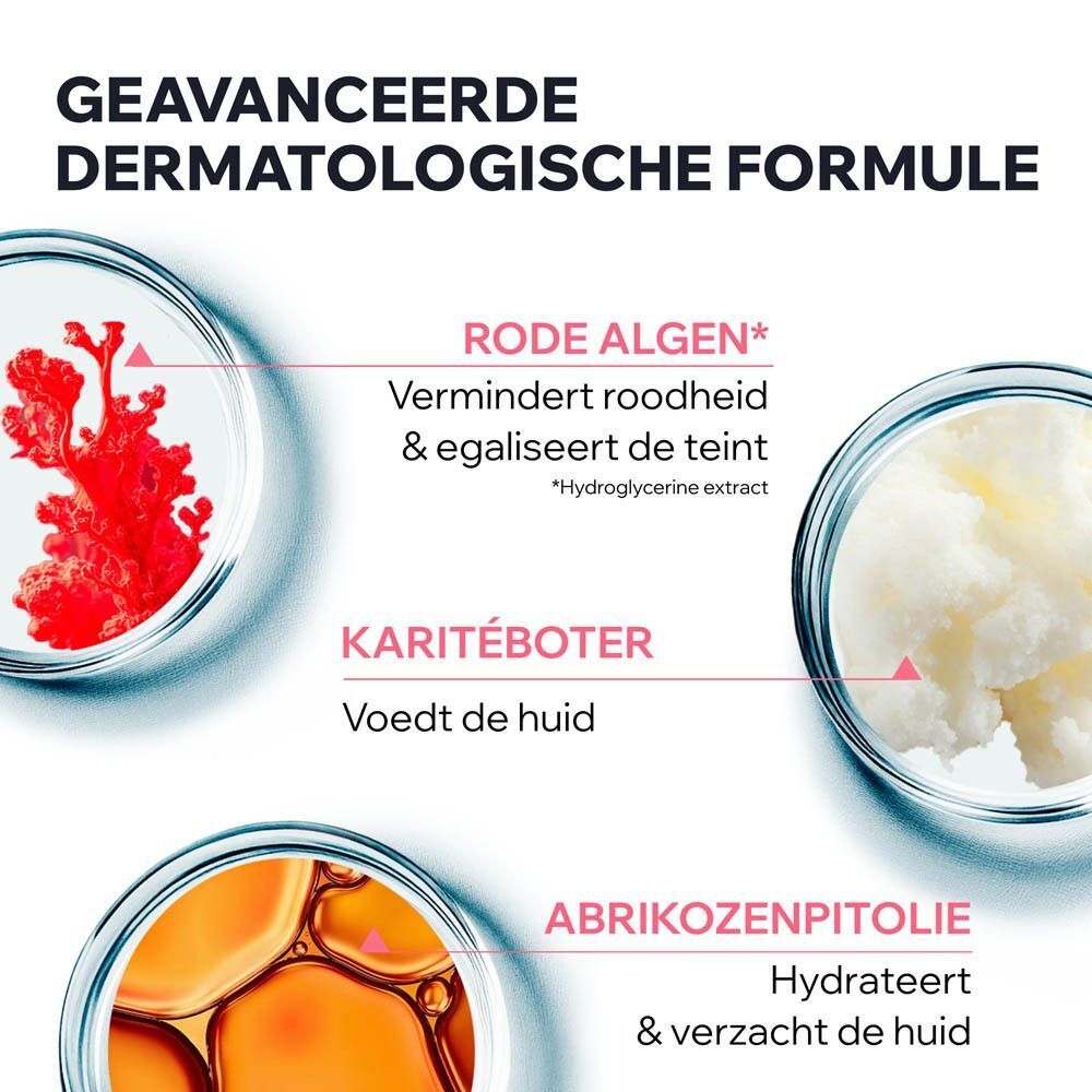 Close-up van ingrediënten: Rode algen, sheaboter, abrikozenpitolie. Tekst: Geavanceerde dermatologische.