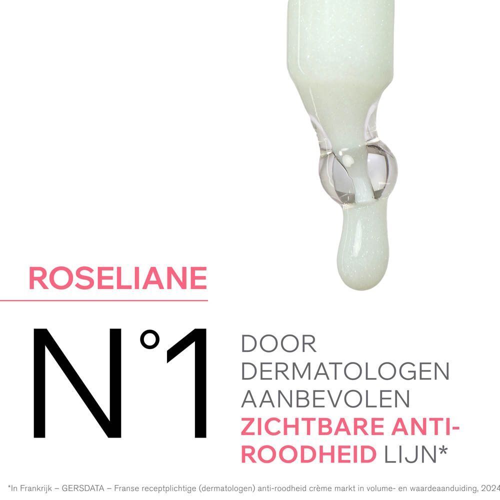 Druppel Uriage Roséliane. Tekst: Roséliane, N°1, door dermatologen aanbevolen.