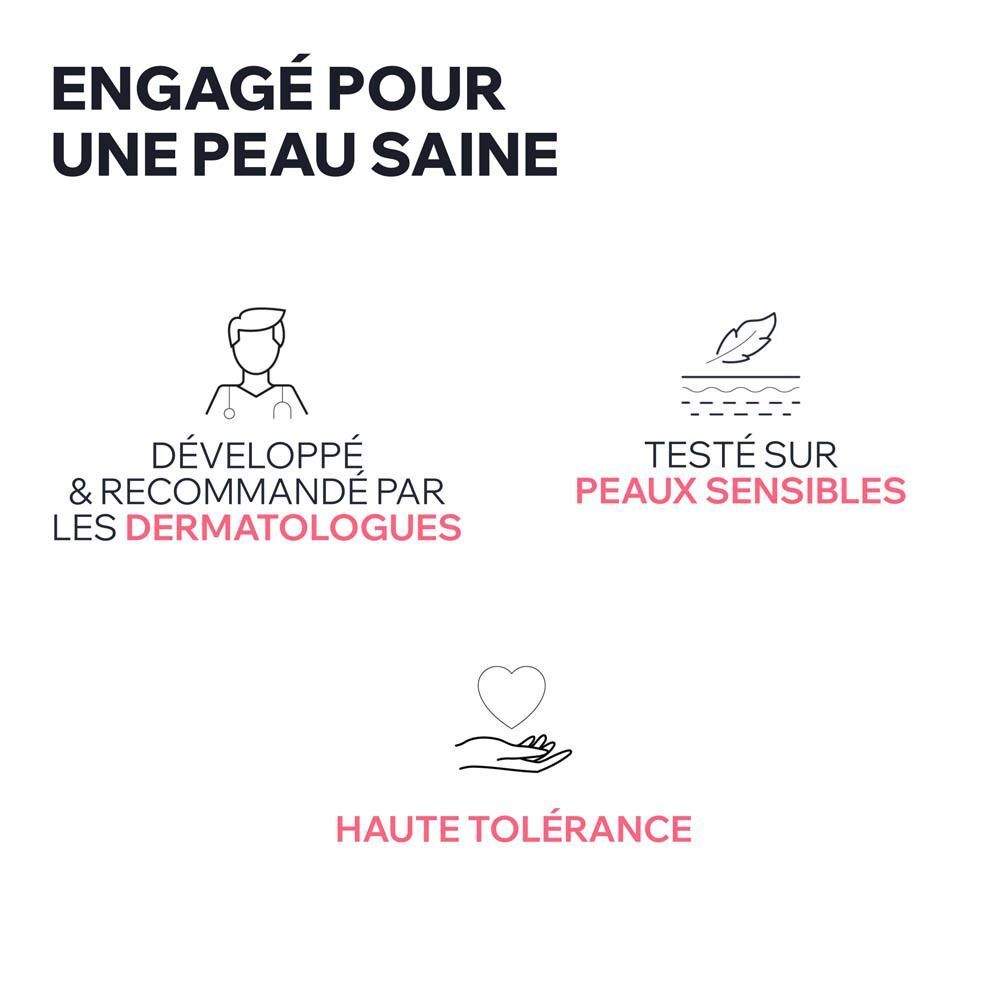 Symboles: Dermatologues, peaux sensibles, haute tolérance. Texte: Engagé pour une peau saine.