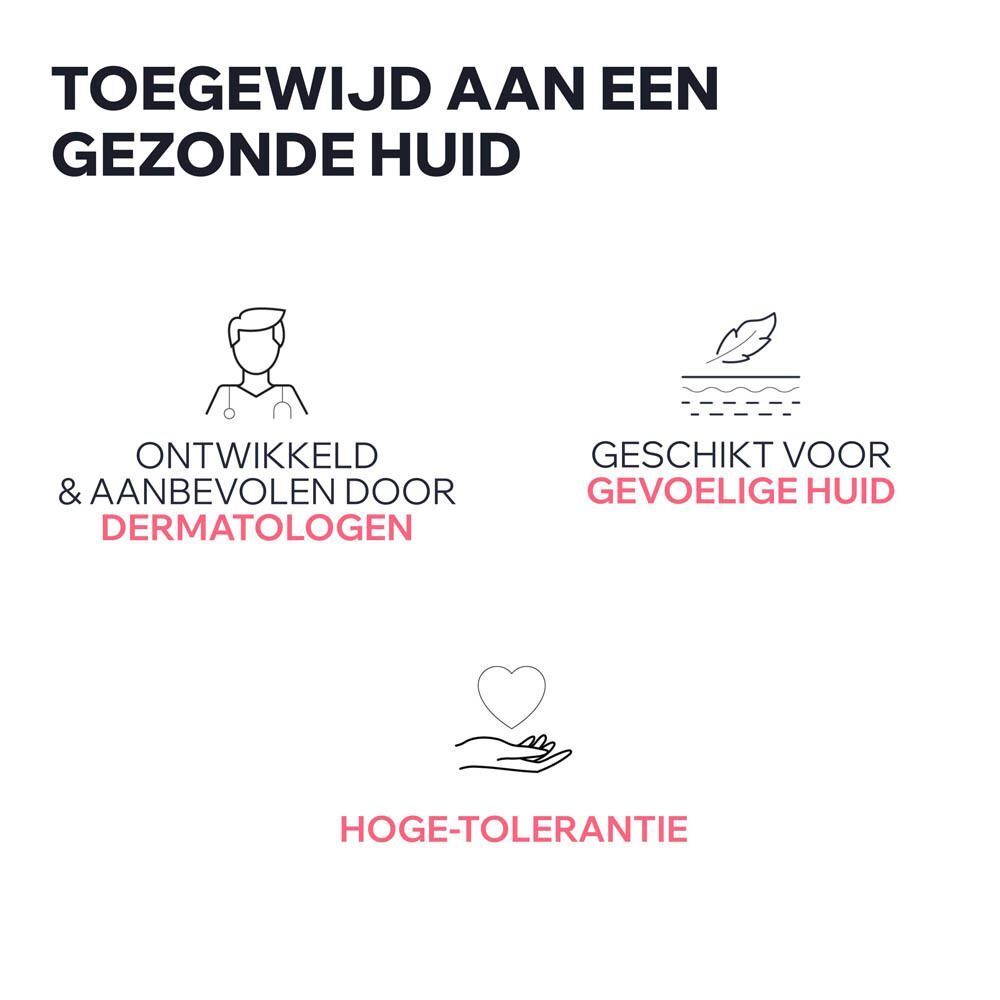 Symbolen: Dermatologen, gevoelige huid, hoge tolerantie. Tekst: Toegewijd aan een gezonde huid.