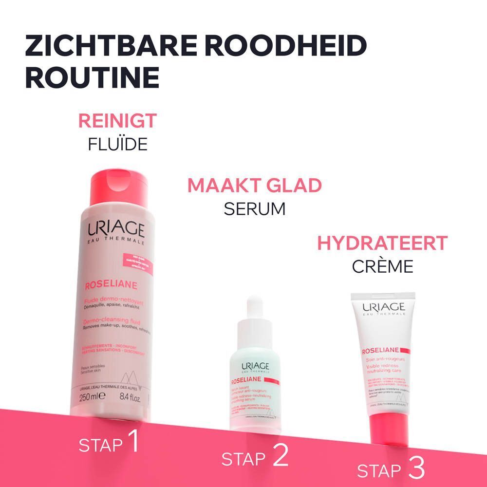 Drie producten: Reinigingsvloeistof, serum, crème. Tekst: Zichtbare roodheid routine.