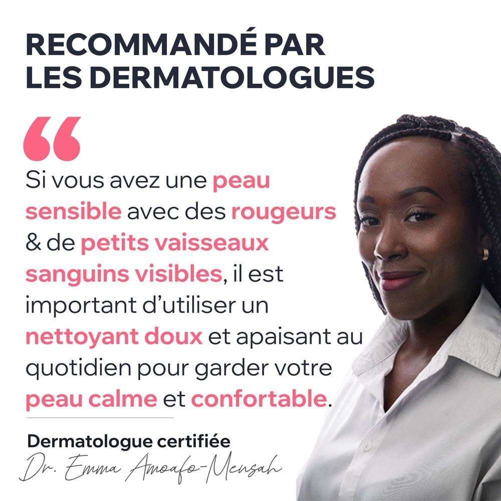 Femme avec des tresses. Texte: Peau sensible avec rougeurs. Dermatologue Dr. Emma Amoafo-Mensah.