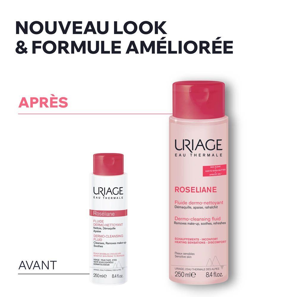 Comparaison avant-après. Deux flacons Uriage Roséliane. Texte: Nouveau look & formule améliorée.