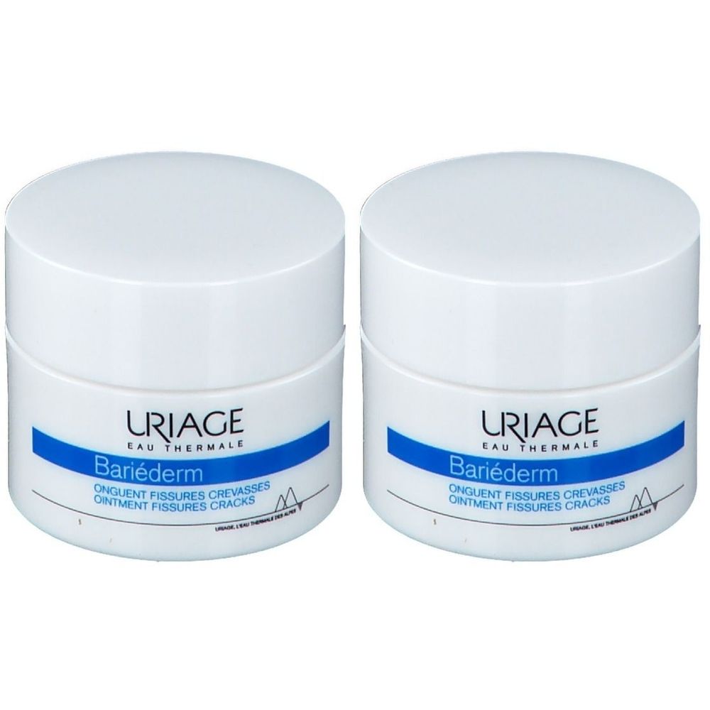 Twee witte potten met deksels. Blauwe band met URIAGE en Bariederm.