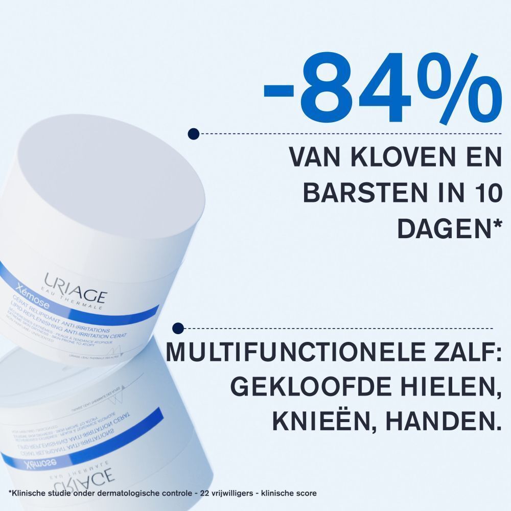 Twee potten. Tekst: -84% van kloven en barsten in 10 dagen. Multifunctionele zalf: gekloofde hielen, knieën, handen.