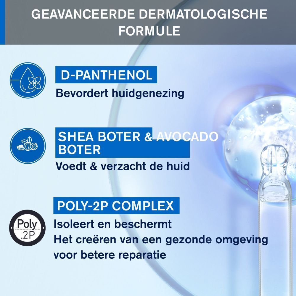 Grafiek met ingrediënten. Tekst: D-PANTHENOL, SHEA BOTER & AVOCADO BOTER, POLY-2P COMPLEX.