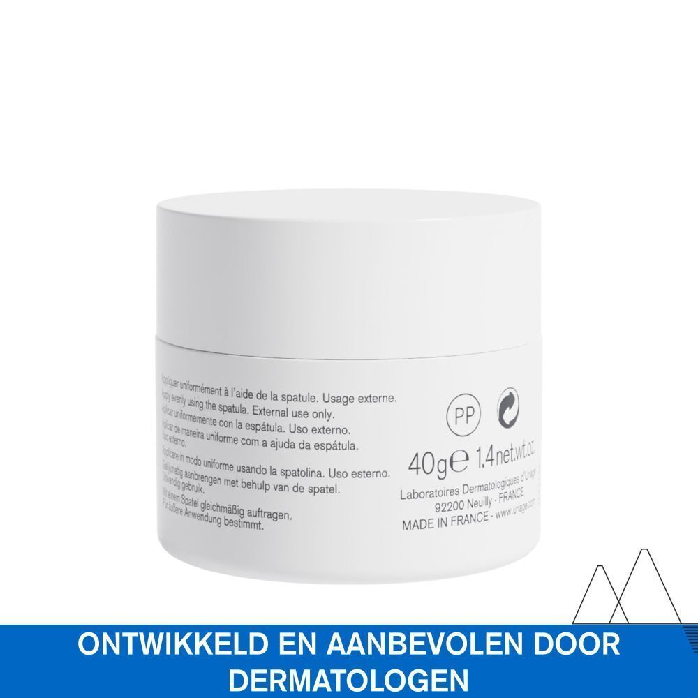 Witte pot. Tekst: 40g 1.4 fl.oz. MADE IN FRANCE. Ontwikkeld en aanbevolen door dermatologen.