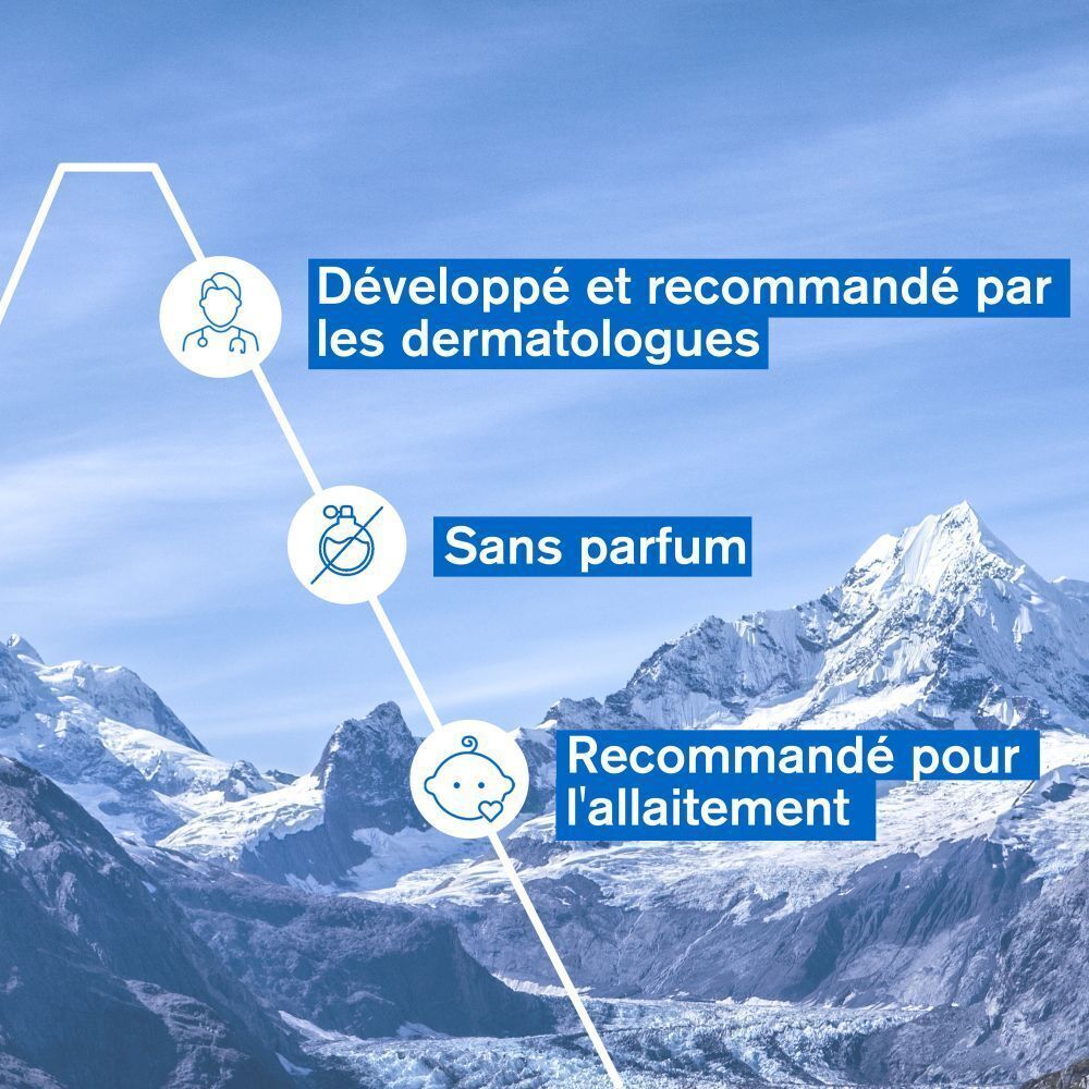 Graphique. Texte : Développé et recommandé par les dermatologues, Sans parfum, Recommandé pour l'allaitement.