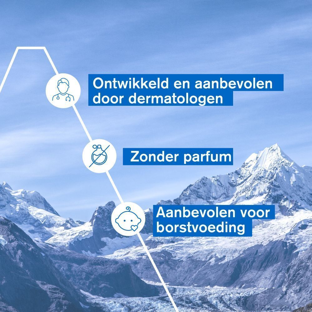Grafiek. Tekst: Ontwikkeld en aanbevolen door dermatologen, Zonder parfum, Aanbevolen voor borstvoeding.