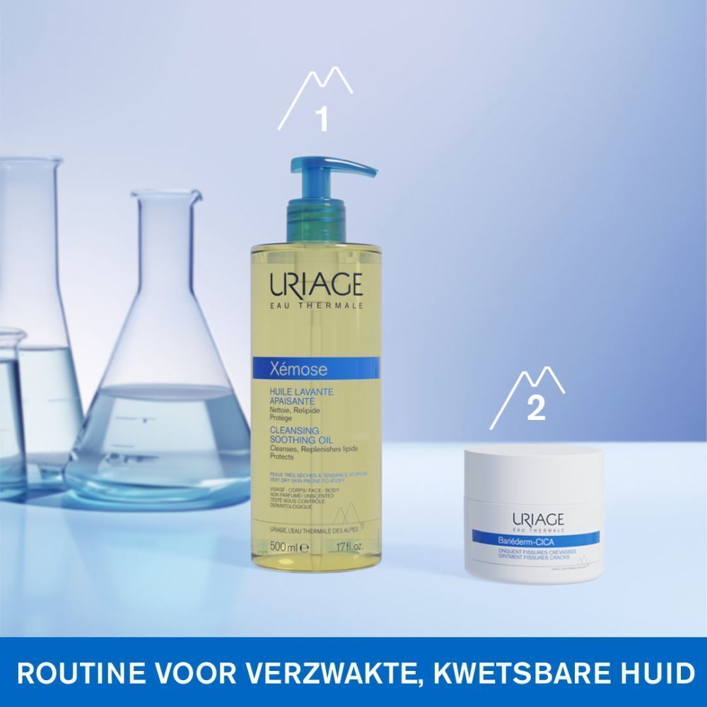 Twee producten. Tekst: Routine voor verzwakte, kwetsbare huid. URIAGE Xémose en Bariederm-CICA.