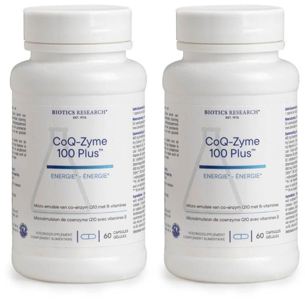 Twee witte flessen Biotics Research CoQ-Zyme 100 Plus, 60 capsules per fles.