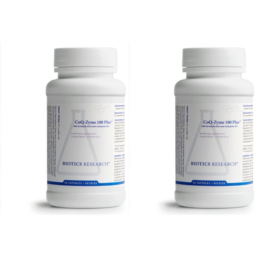 Twee witte flessen Biotics Research CoQ-Zyme 100 Plus, 60 capsules per fles.
