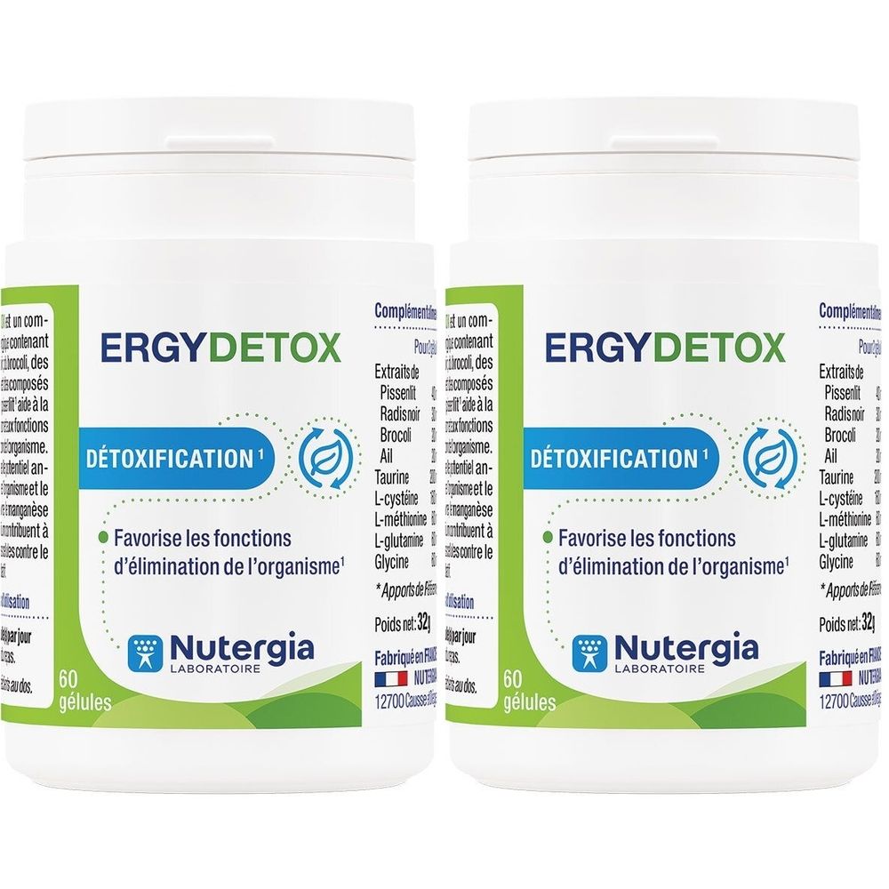 Twee witte flessen met groen etiket. Opschrift ERGYDETOX, DETOXIFICATION, Nutergia Laboratoire. Bevat 60 capsules.