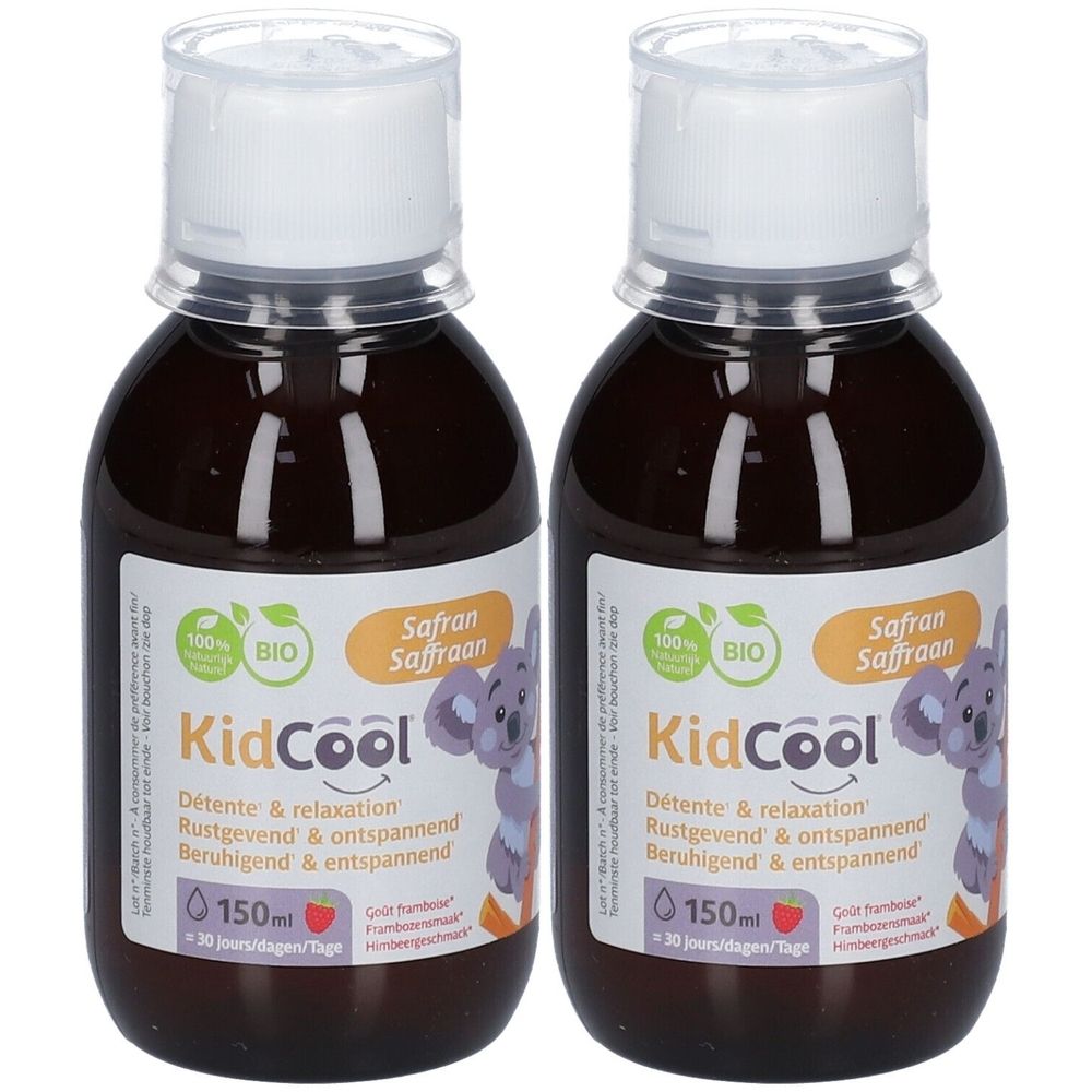 Twee flessen KIDCOOL Détente & Relaxation. Opschrift: Safran, 100% BIO. Flessen met witte dop en bruine vloeistof.